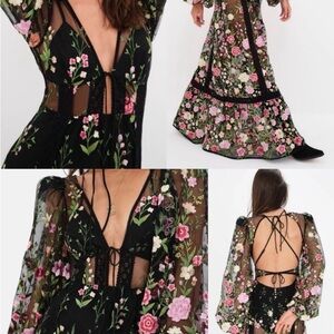 NWOT For Love & Lemons Luna Sheer Embroidered Floral Maxi Dress Size Small